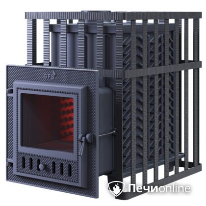 Дровяная банная печь Гефест ЗК в сетке-18 (М) чугунная дверца со стеклом, запатентованная каменка сетка в Симферополе